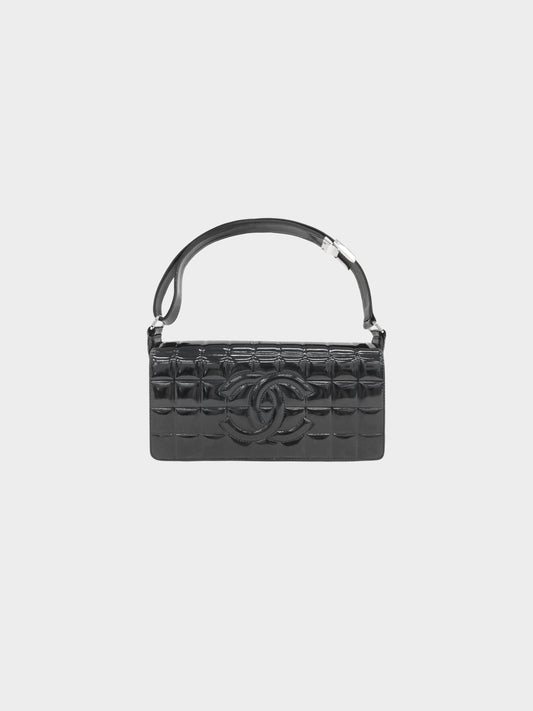 Chanel 2002-2003 Black Patent Leather Chocolate Bar Quilted Tote Bag