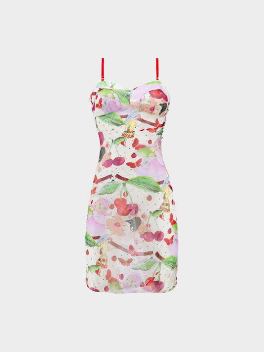 John Galliano SS 2005 Cherries and Butterfly Print Silk Chiffon Dress