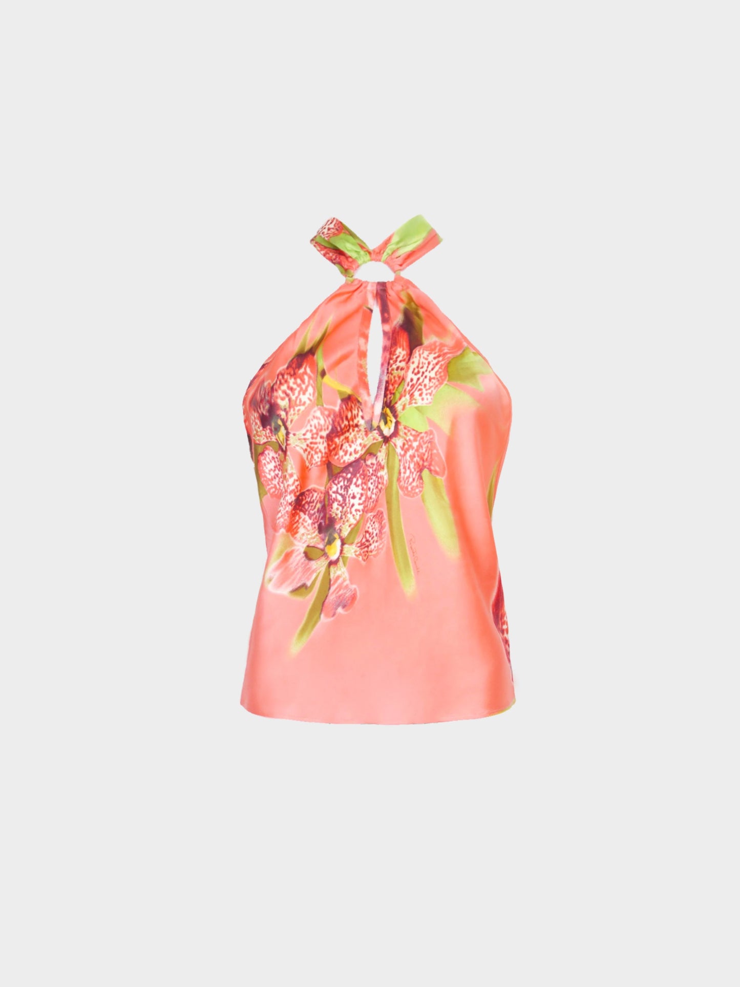 Roberto Cavalli FW 2004 Orchid Print Silk Halter Top