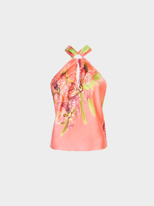 Roberto Cavalli FW 2004 Orchid Print Silk Halter Top