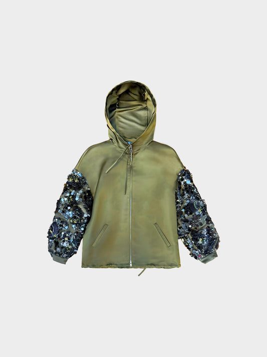 Prada 2013 Green Nylon Sequins Zip-up Hooded Jacket