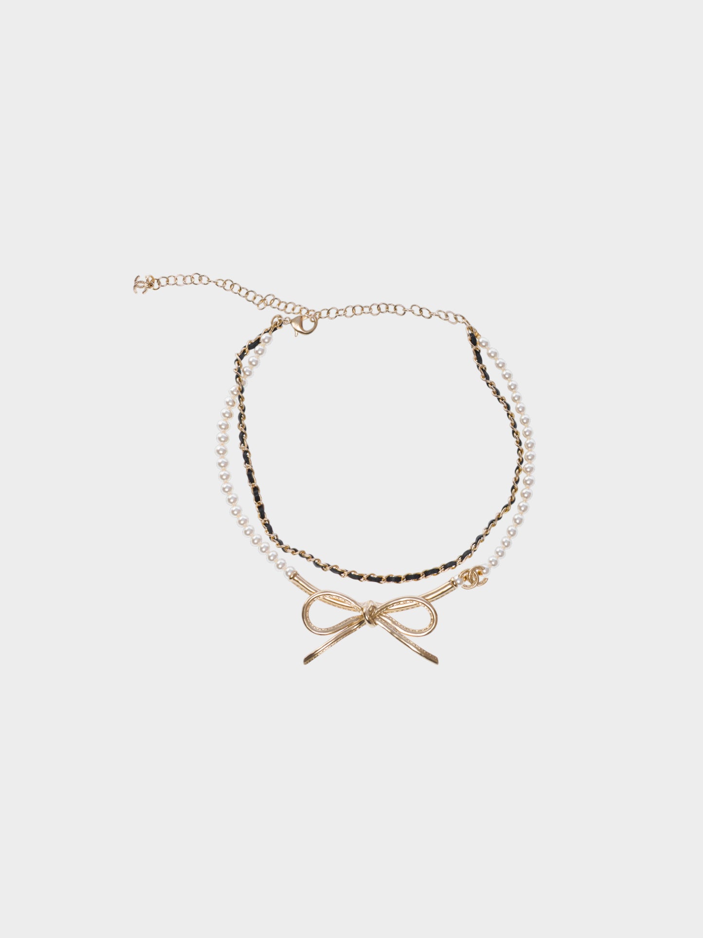 Chanel 2022 Faux Pearl and Leather-woven Chain Bow Necklace