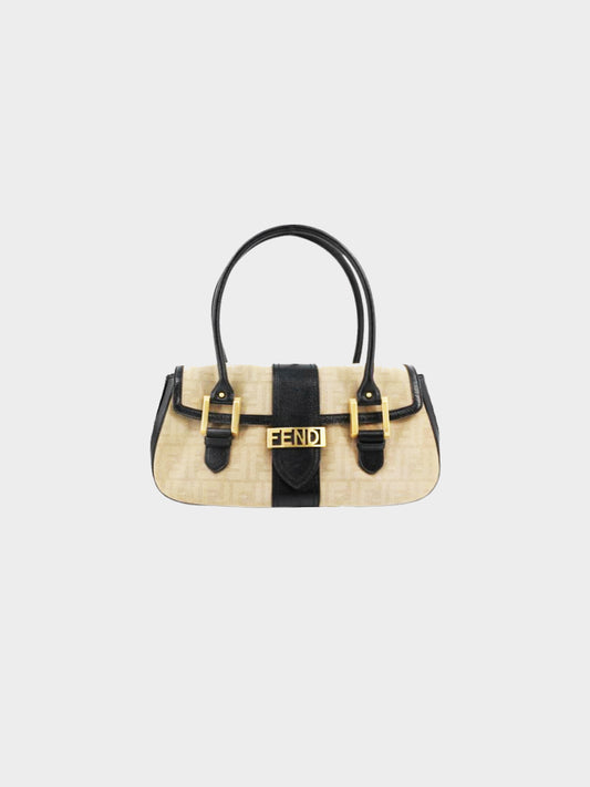 Fendi 2004 Beige Canvas and Black Leather Zucca Handbag