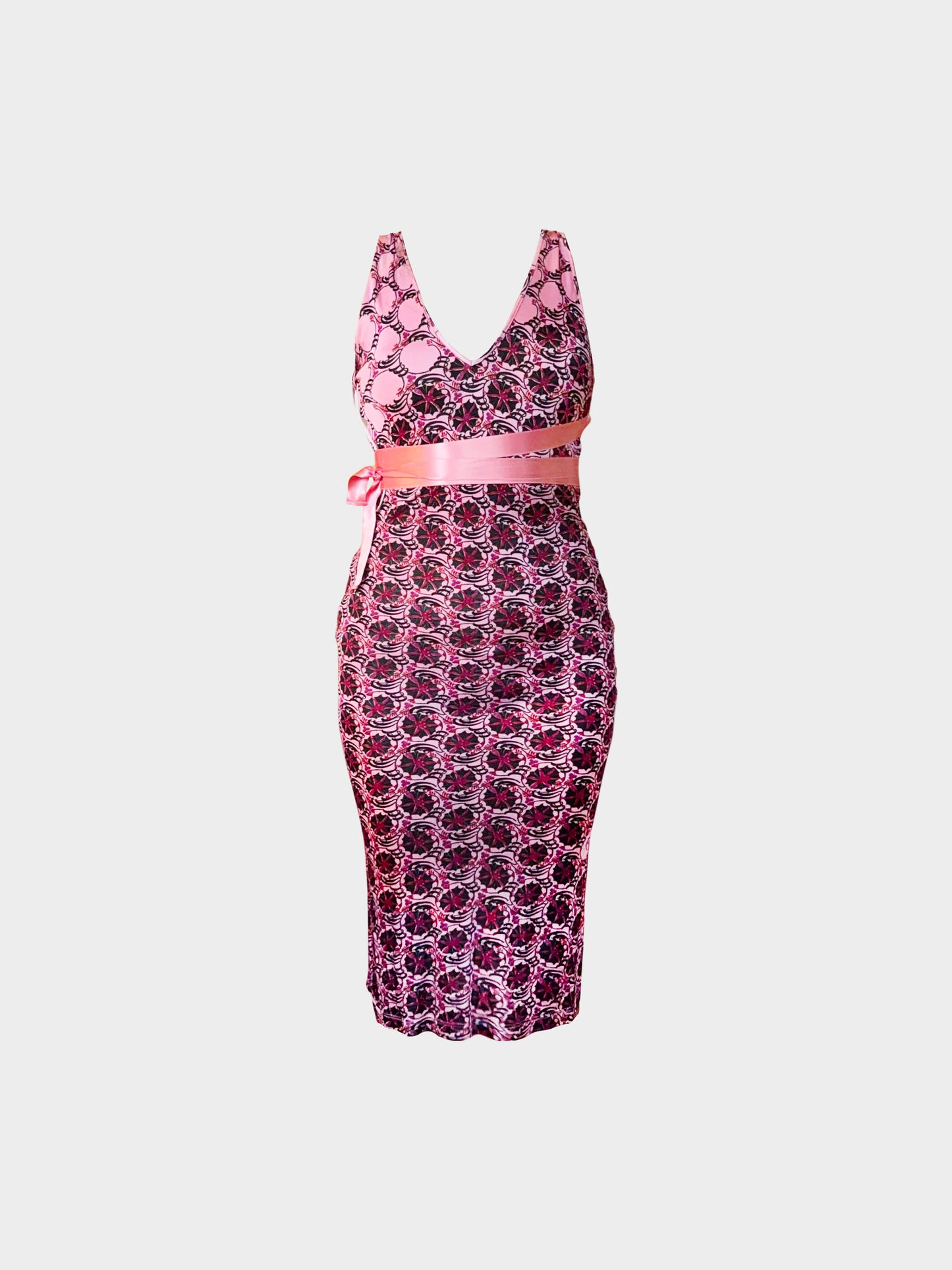Roberto Cavalli 2000s Pink Abstract Floral Printed Knee-length Dress