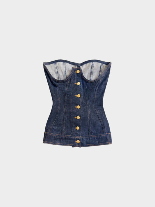 Jean Paul Gaultier 2000s Dark Blue Denim Button and Lace-up Corset