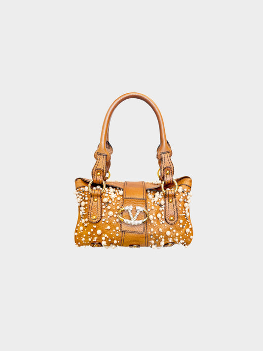 Valentino 2000s Brown Leather Pearl and Crystal Embellished Bag
