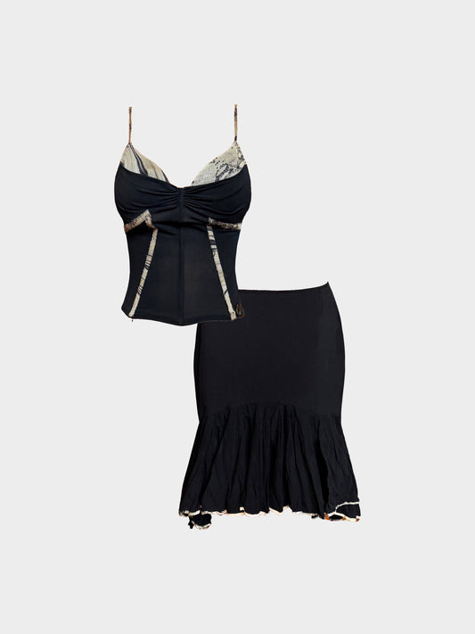 Roberto Cavalli 1990s Just Cavalli Black and Grey Animal Print Trim Top and Skirt Set