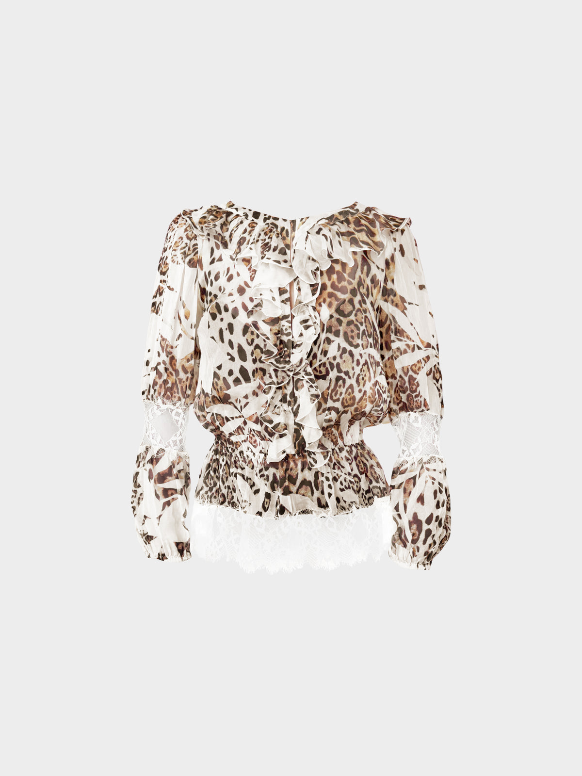 Blumarine 2010s Leopard Print Lace Inserts and Ruffles Long Sleeved Blouse
