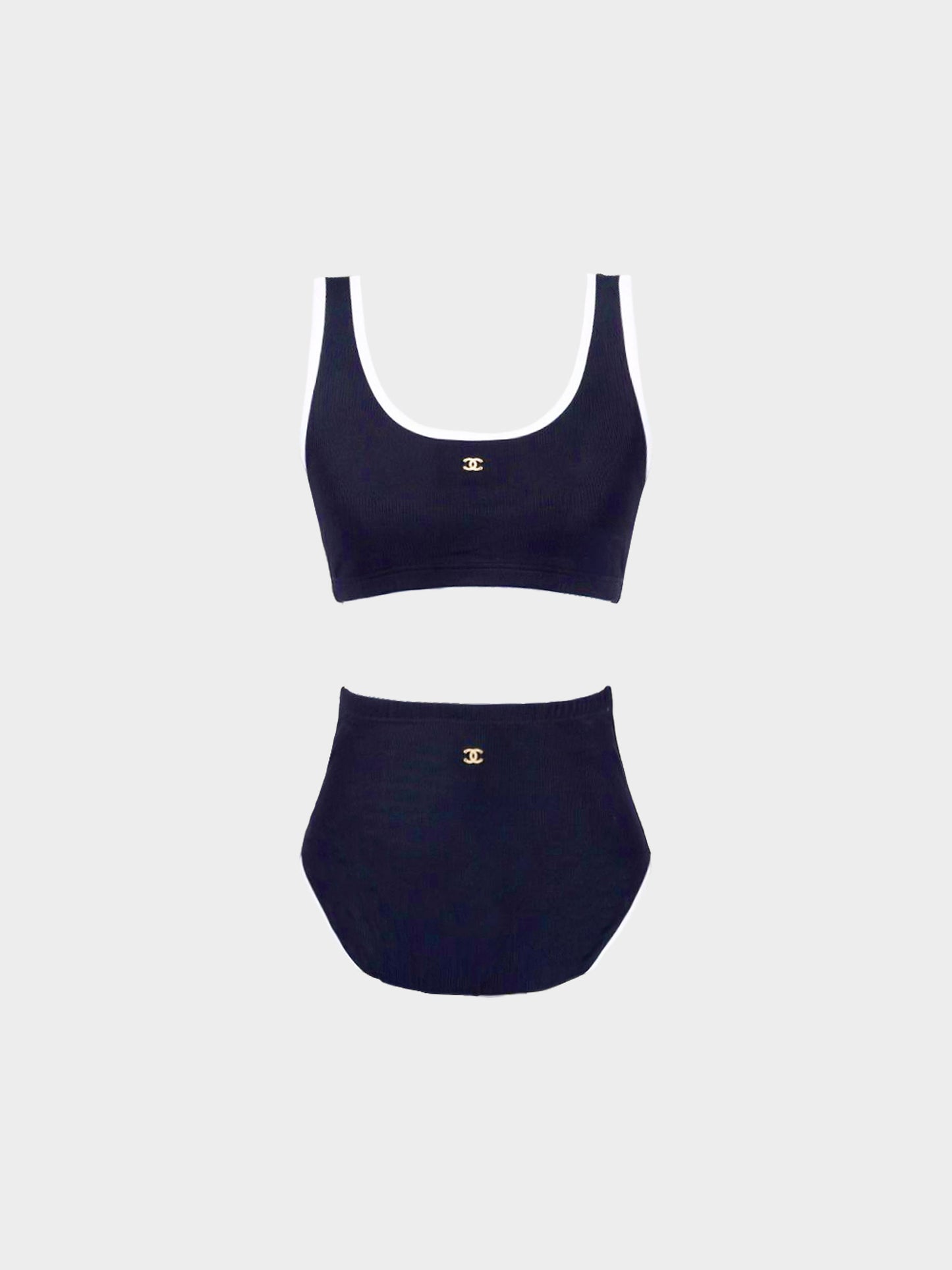 Chanel SS 2022 Navy and White CC Rhinestone Two Piece Swimsuit