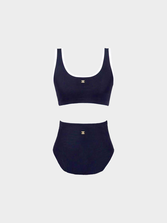 Chanel SS 2022 Navy and White CC Rhinestone Two Piece Swimsuit
