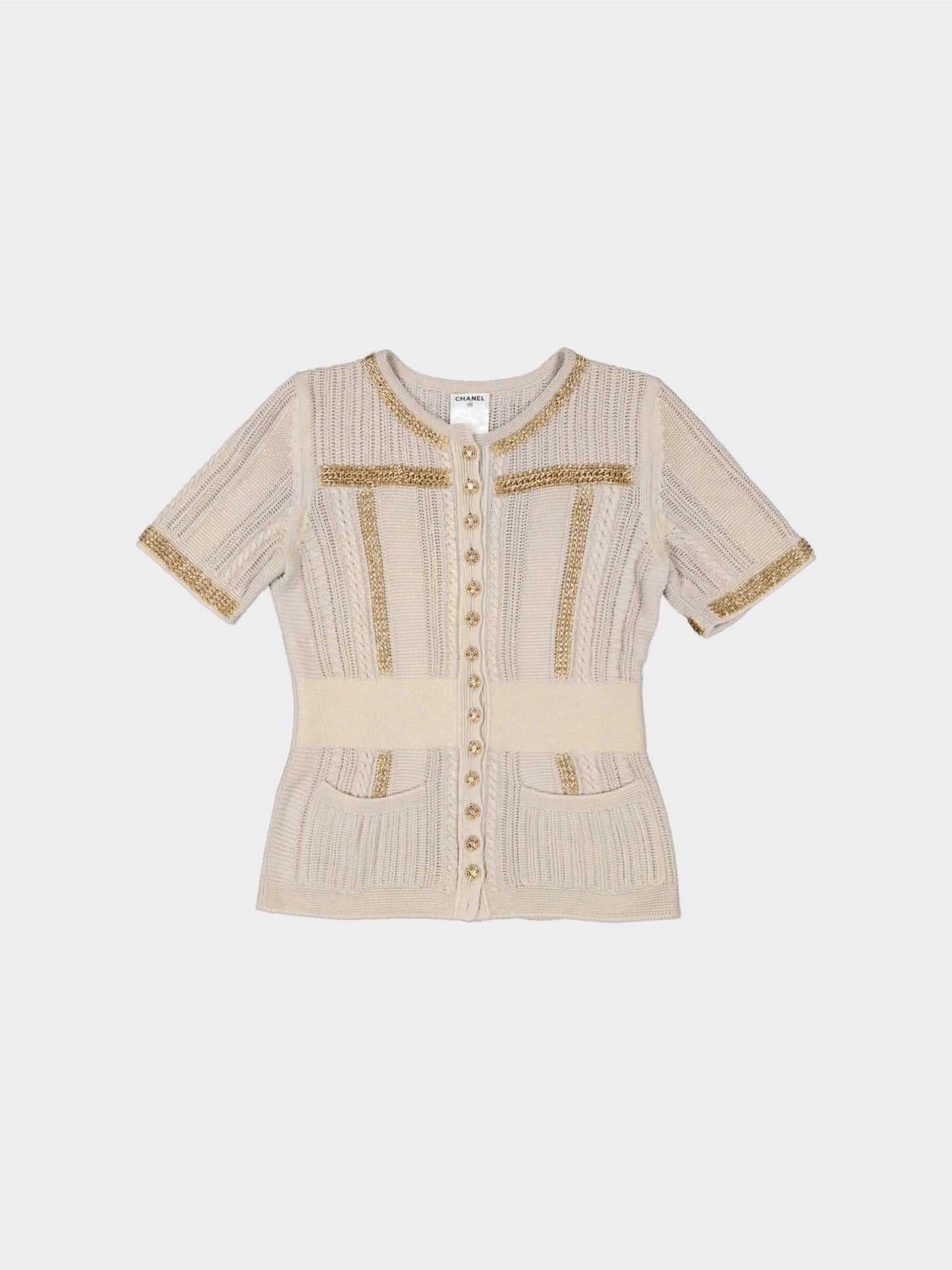 Chanel by Karl Lagerfeld SS 2008 Beige Knit Cardigan with Gold Chains