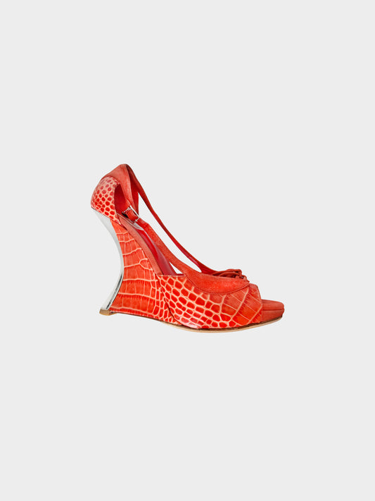 Christian Dior 2000s Red Crocodile and Suede Wedge Heels