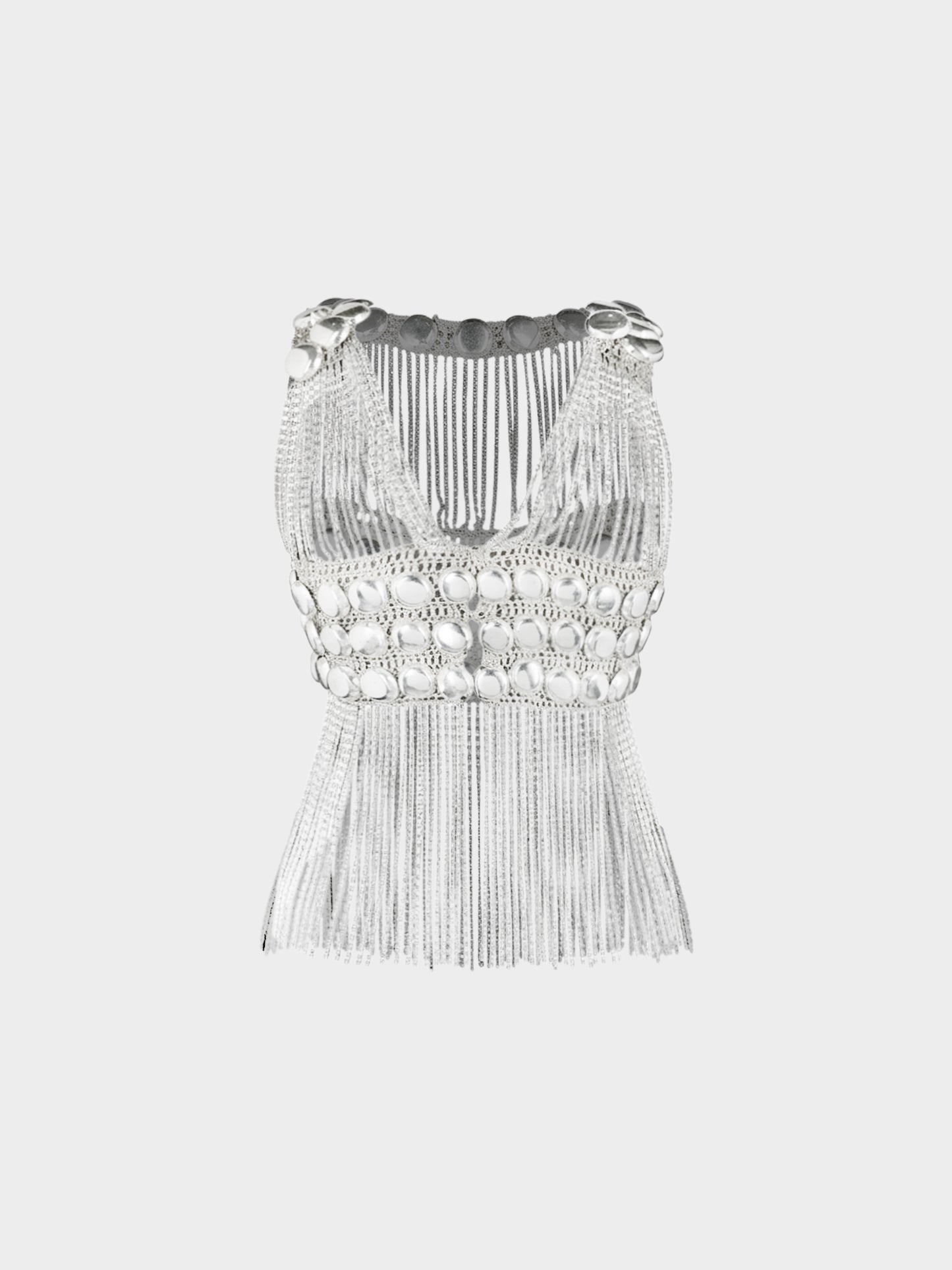 Loris Azzaro 1970s Silver Lurex Knit Chain Link Fringe Top