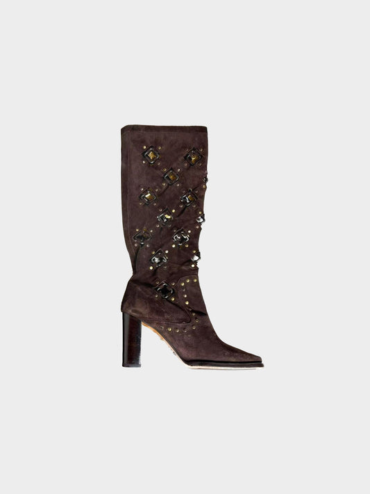 Dolce and Gabbana 2000s Brown Suede Studded Western Boots
