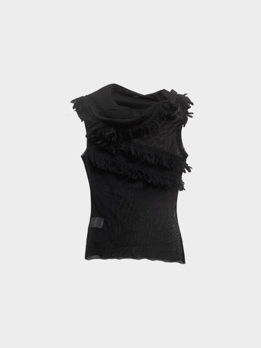 Jean Paul Gaultier 2000s Black Mesh Asymmetrical Top with Fringes