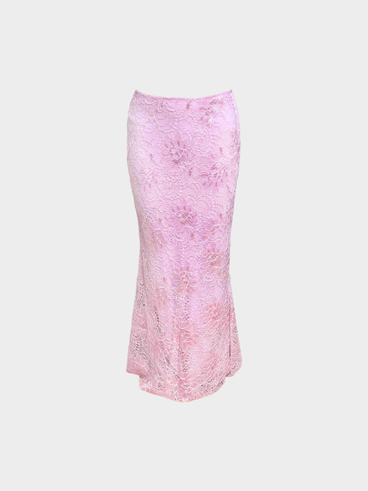Alberta Ferretti 2010s Pink Embroidered Lace Long Skirt