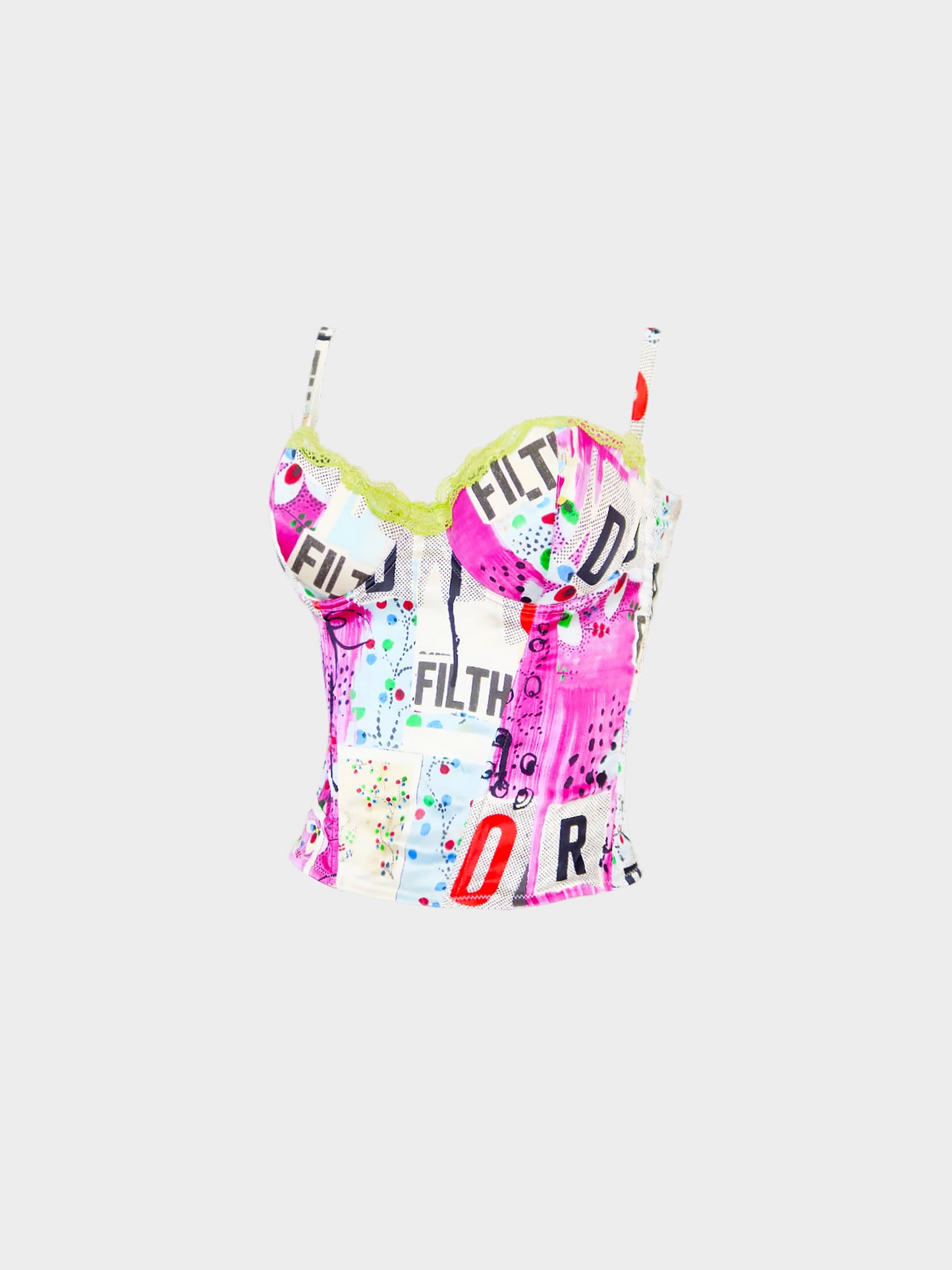 Christian Dior SS 2003 Filth Print Silk & Lace Bustier Top