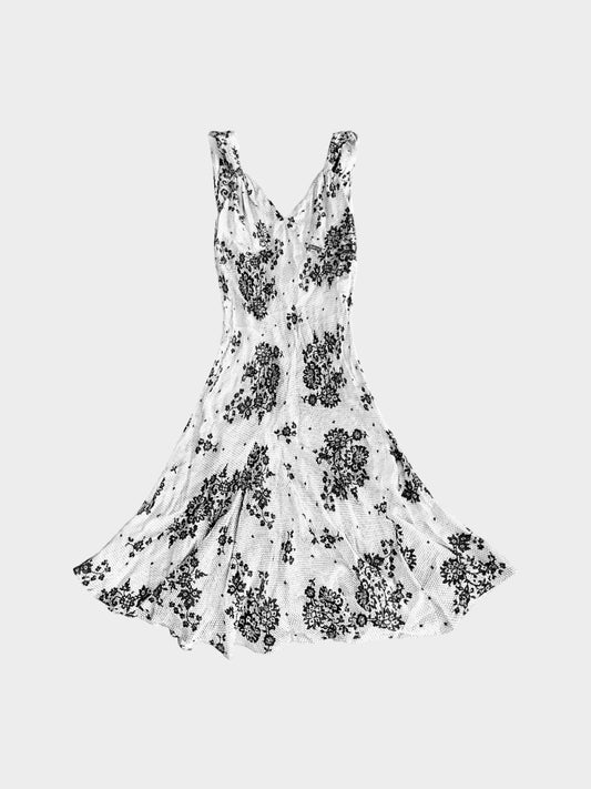 John Galliano 1990s Rare Black and White Silk Lace Pattern Slip Dress
