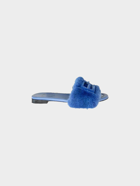 Fendi 2020s Blue Baguette Mink Fur Leather Slides