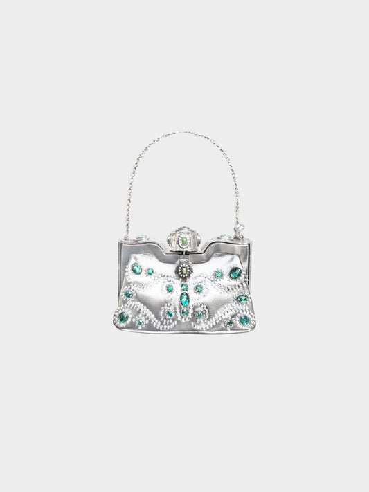 Valentino 1970s Runway  Metallic Silver Leather Jeweled Mini Evening Bag