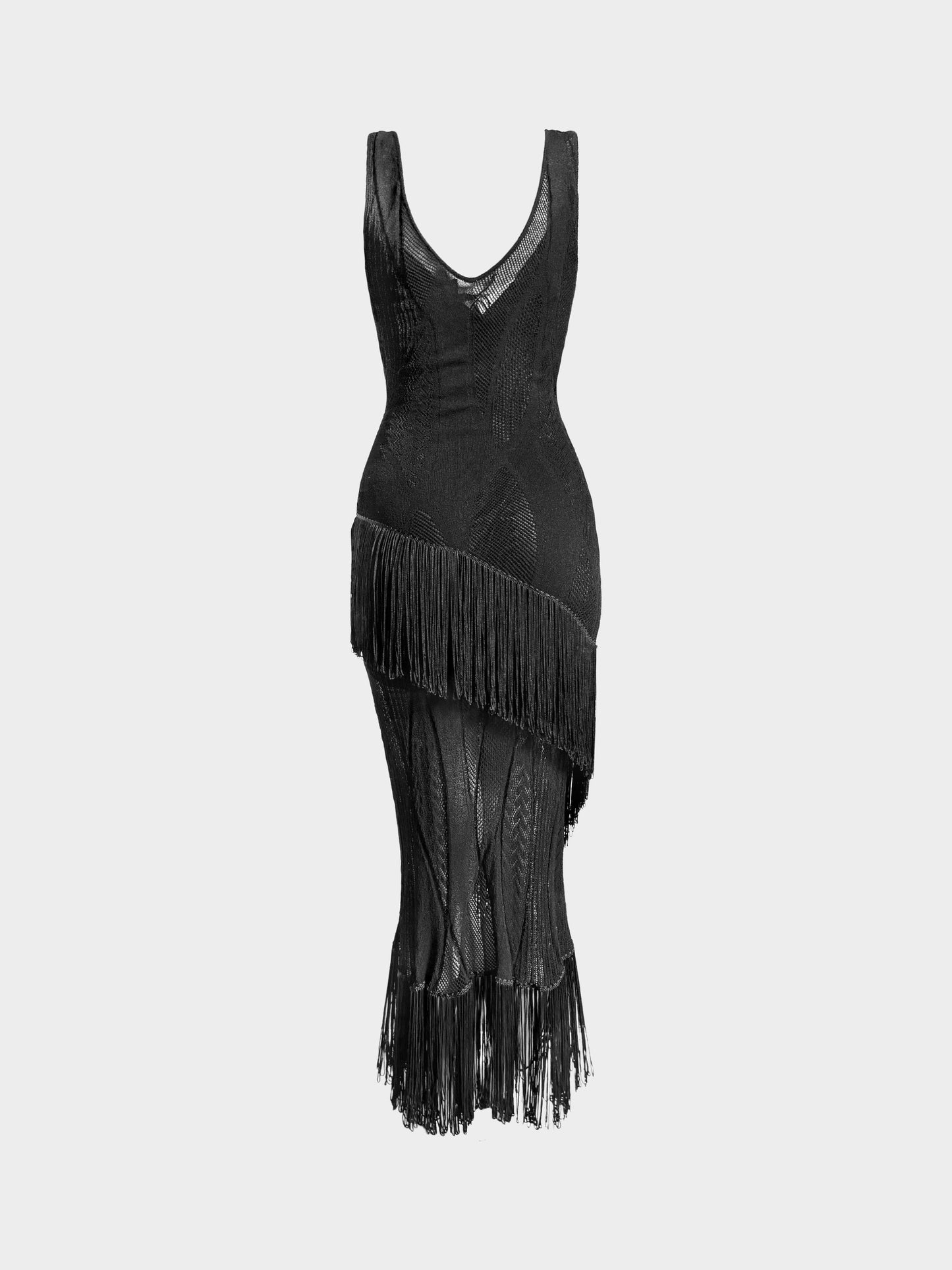 Roberto Cavalli 2000s Black Knitted Mesh Fringe Long Dress
