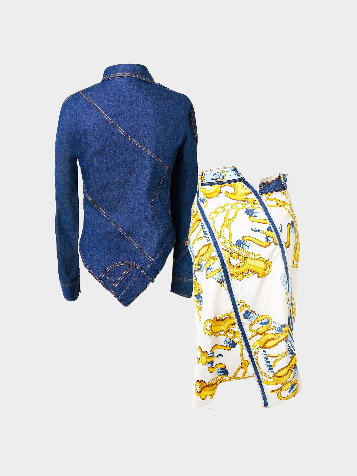 Christian Dior by John Galliano SS 2000 Runway Denim Asymmetric Jacket and Equestrian Wrap Skirt