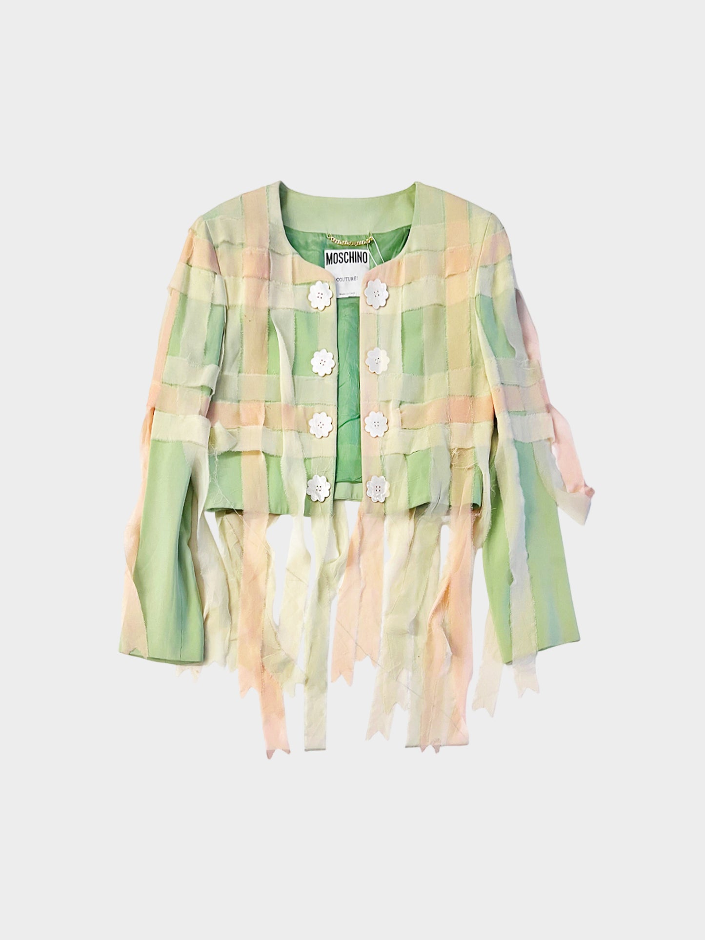Moschino 1990s Couture Green and Peach Chiffon Woven Raw-edge Cropped Jacket