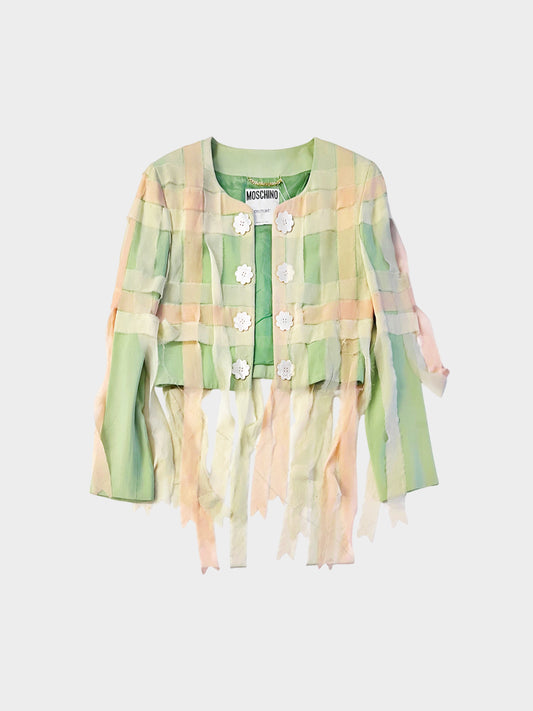 Moschino 1990s Couture Green and Peach Chiffon Woven Raw-edge Cropped Jacket