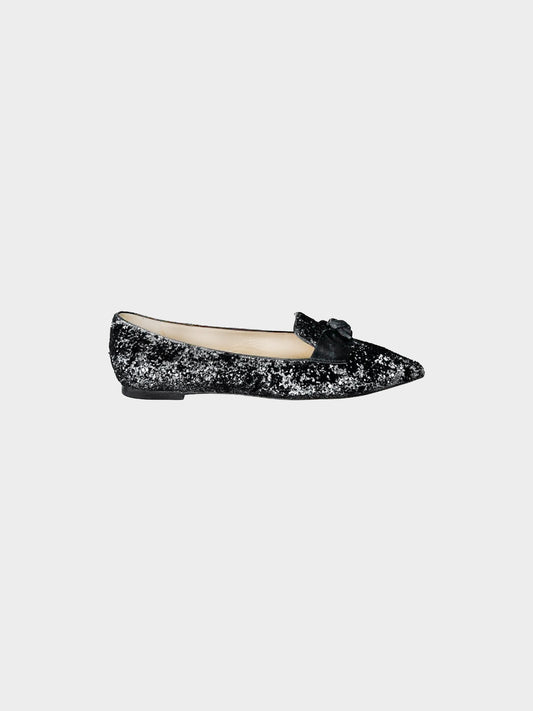 Jimmy Choo 2010s Black Velvet Glittered Gabie Flats