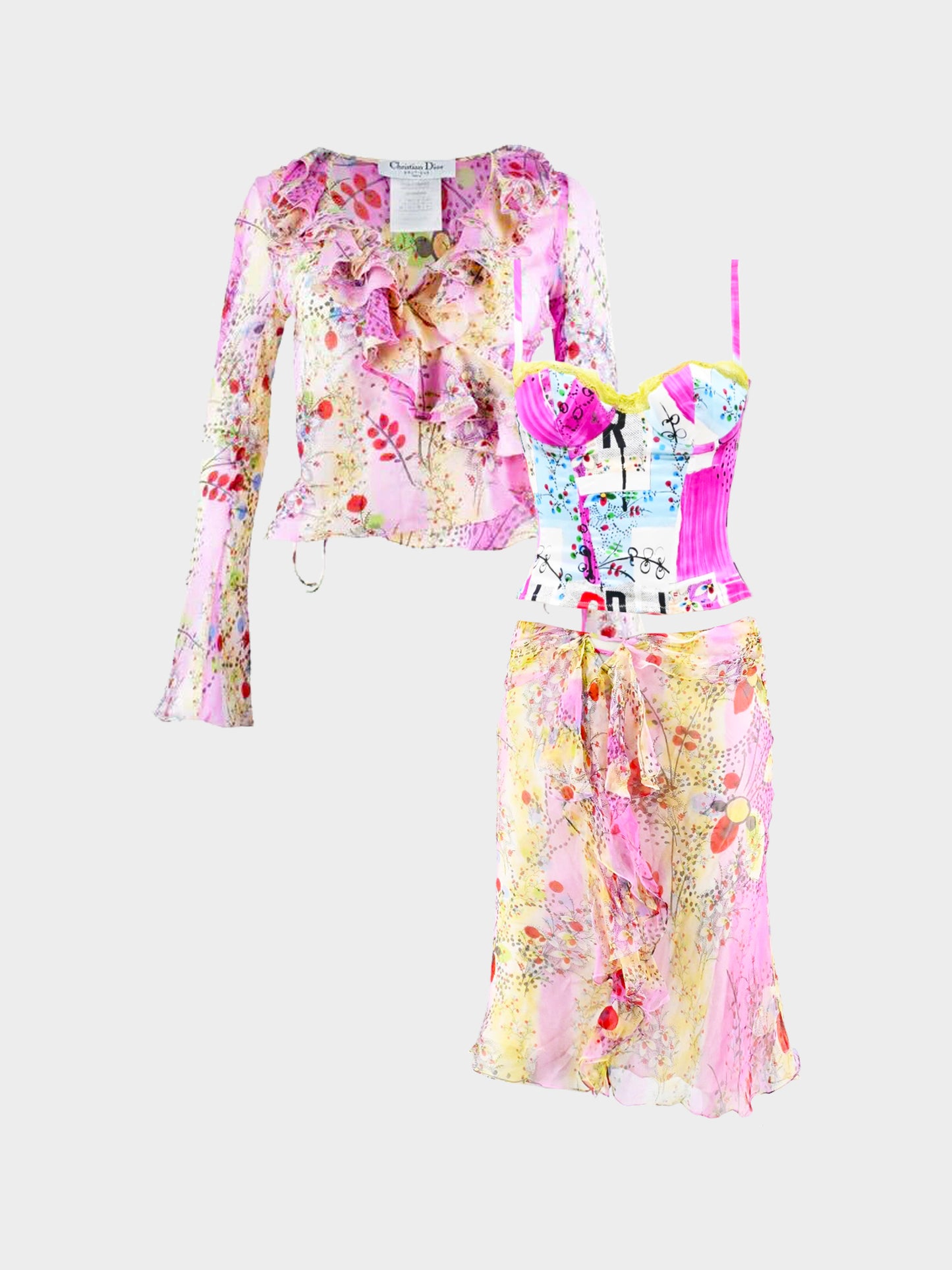 Christian Dior SS 2003 Filth Print Silk Bustier, Ruffled Top and Skirt Set