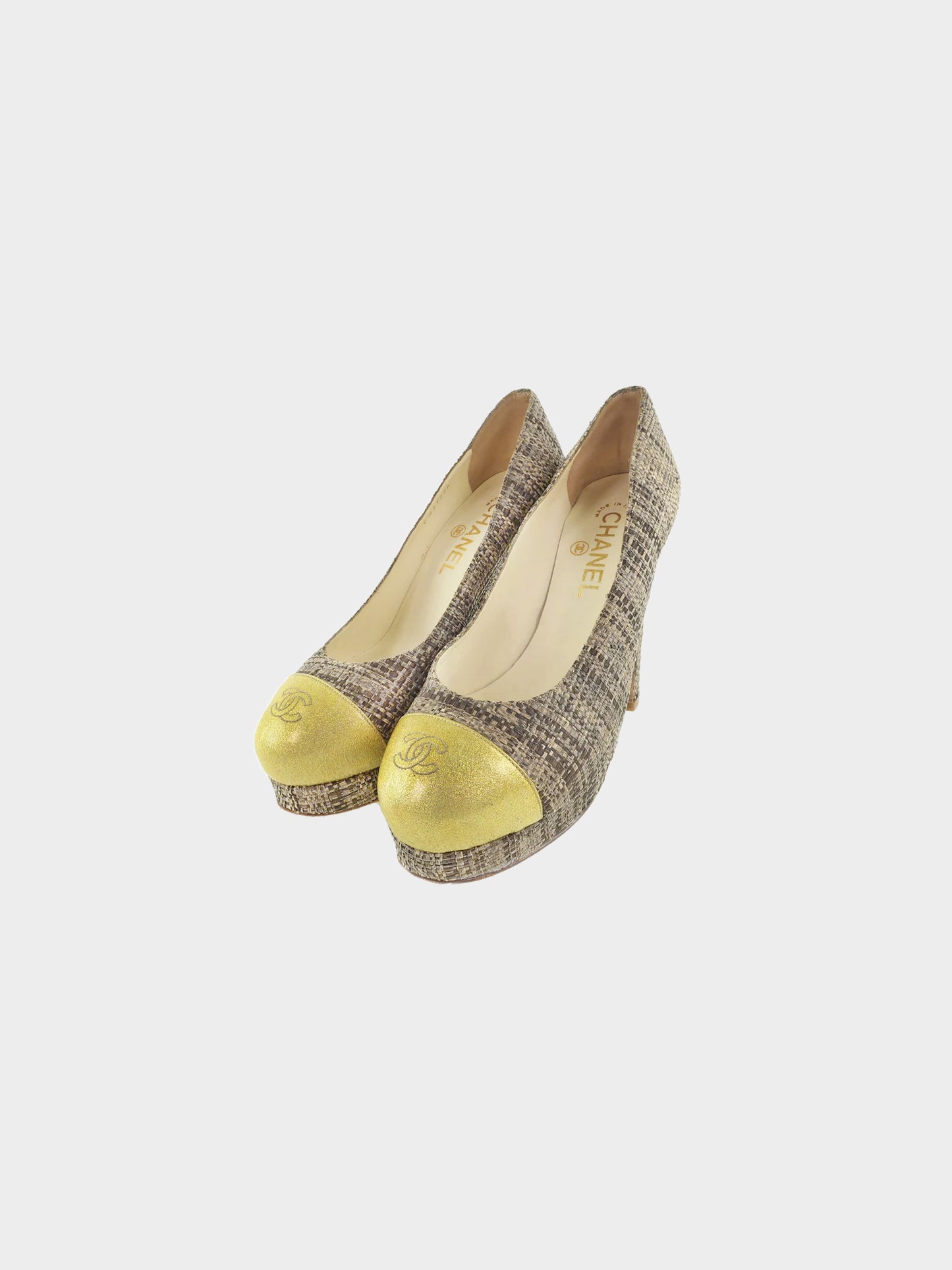 Chanel Spring 2010 Metallic Gold Patent Leather CC Raffia Lesage Pumps