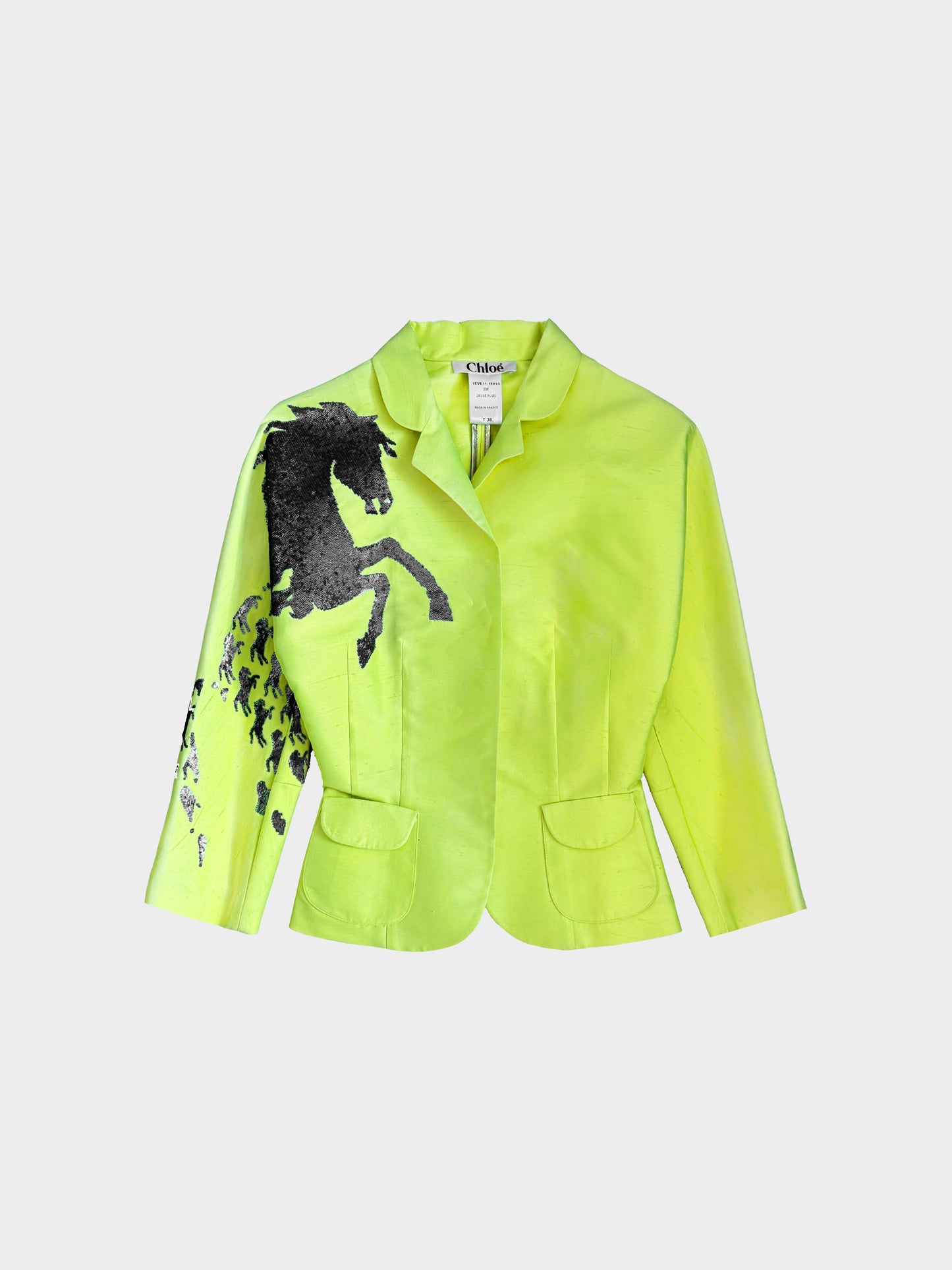 Chloé SS 2001 Runway Neon Yellow Silk Jacket and Denim Pants Horse Motif Set