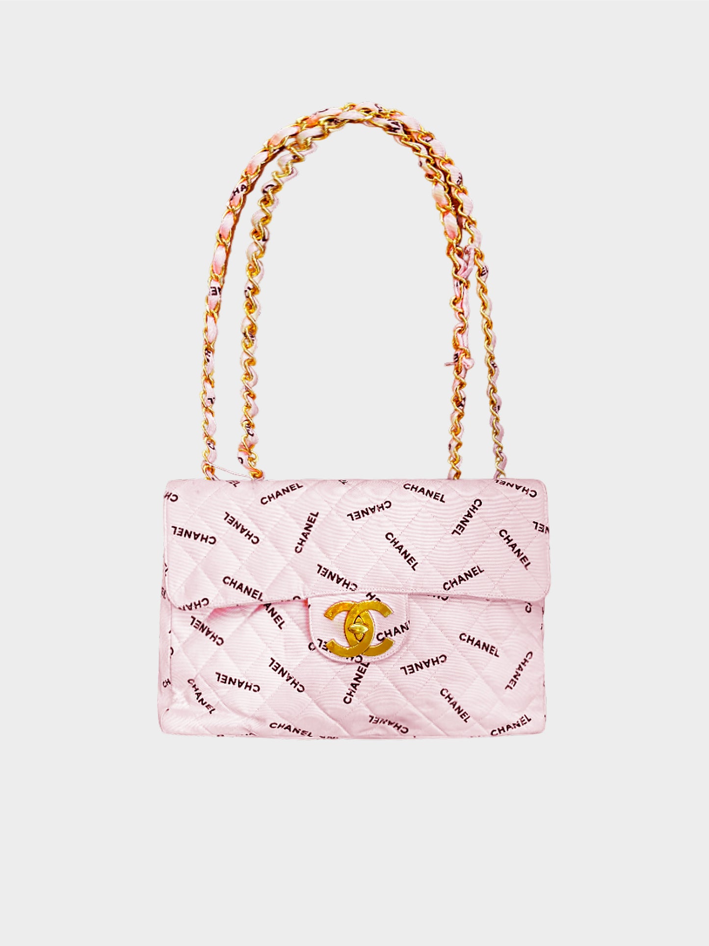 Chanel 1994-1996 Pink Canvas All-over Logo Print Maxi Flap Bag