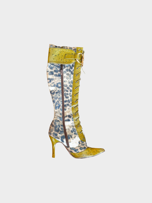 Christian Dior FW 2000 Green Ostrich and Leopard Print Leather Boots