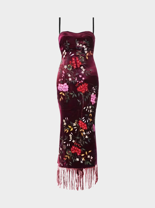 Dolce and Gabbana FW 1998 Runway Burgundy Floral Print Corset Long Dress