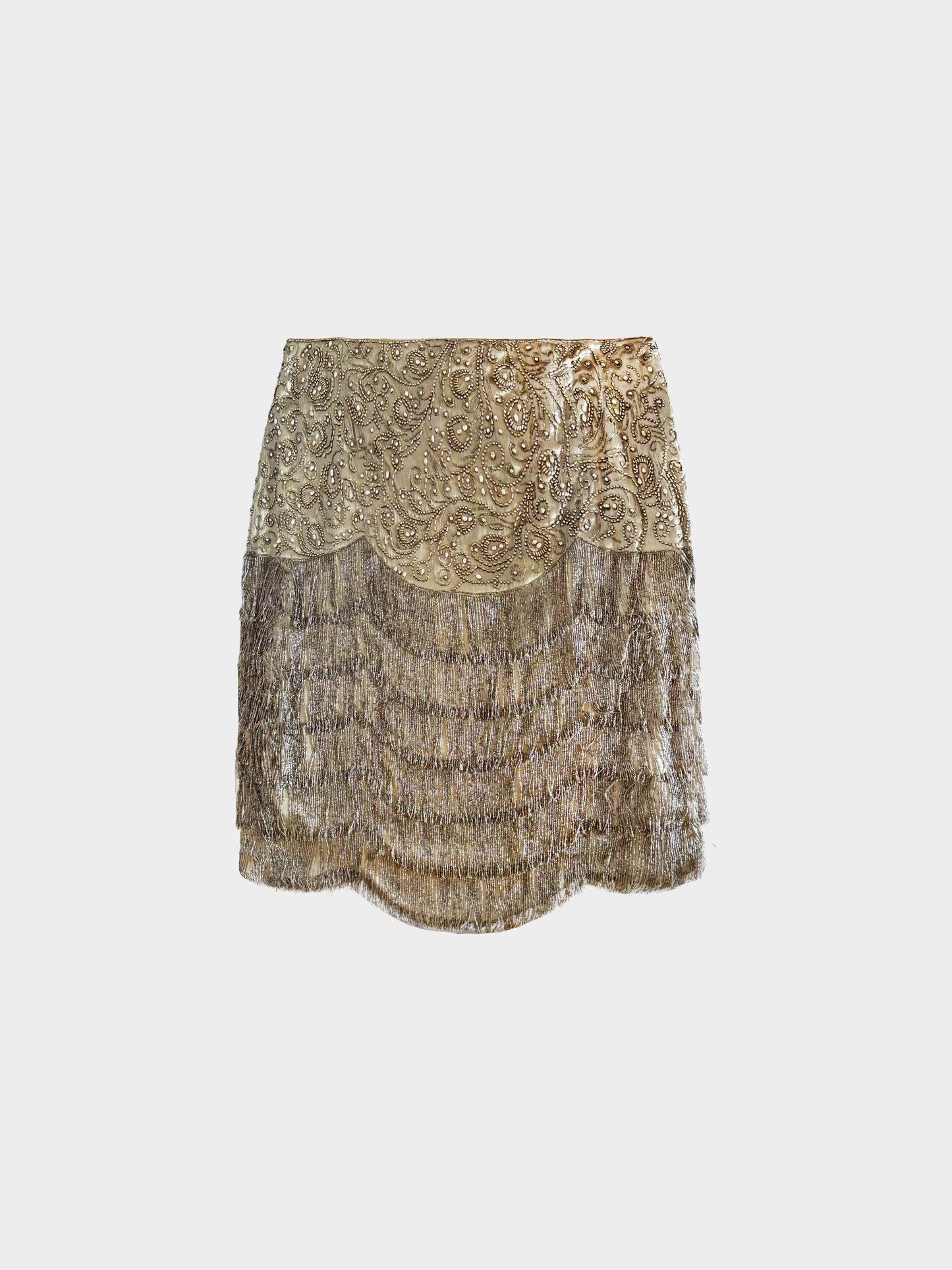 Ralph Lauren 1990s Purple Label Brown Metallic Embroidered Tassel Skirt