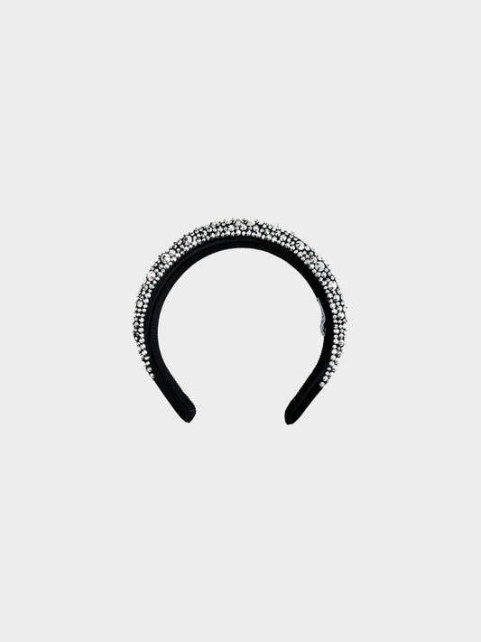 Prada 2020s Black Satin and Silver Crystal Studded Headband