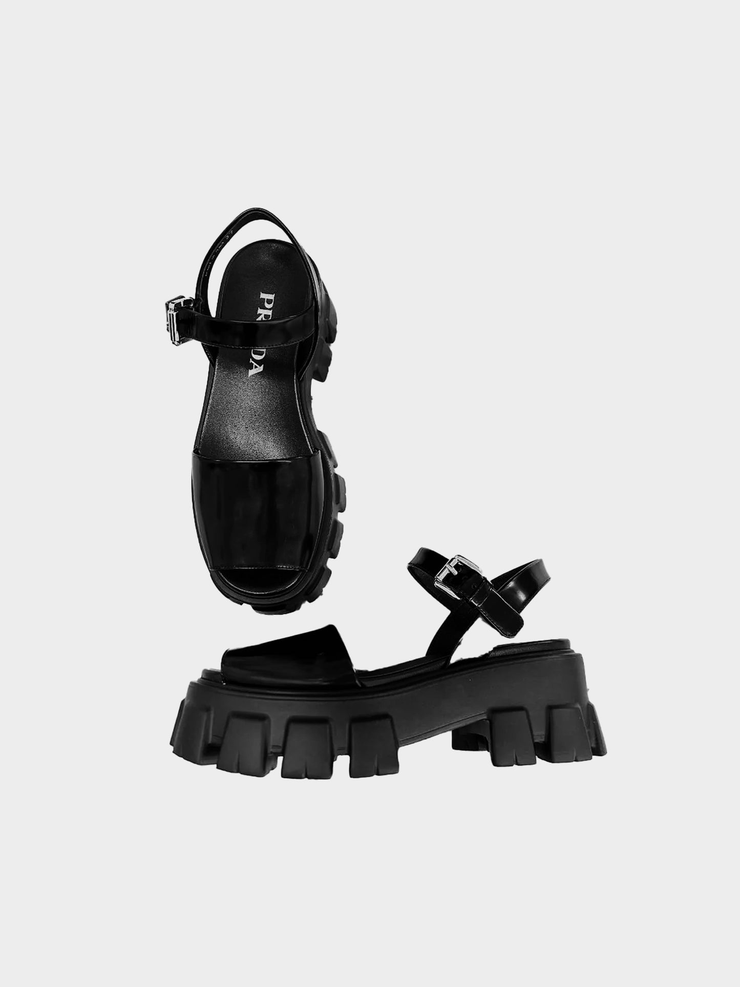 Prada 2020 Black Brushed Leather Monolith Buckle Platform Sandals