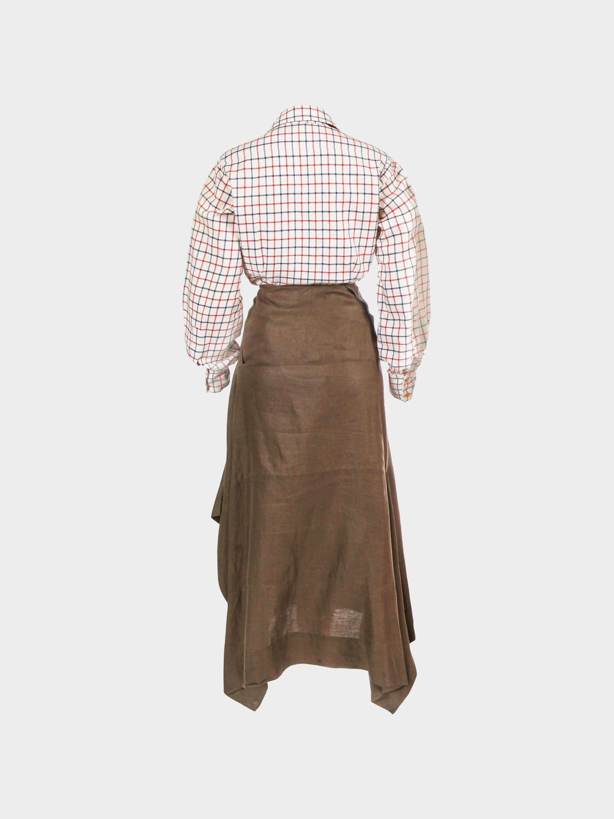 Vivienne Westwood 1993 Check Pattern Cotton Shirt and Military Green Asymmetrical Skirt Set