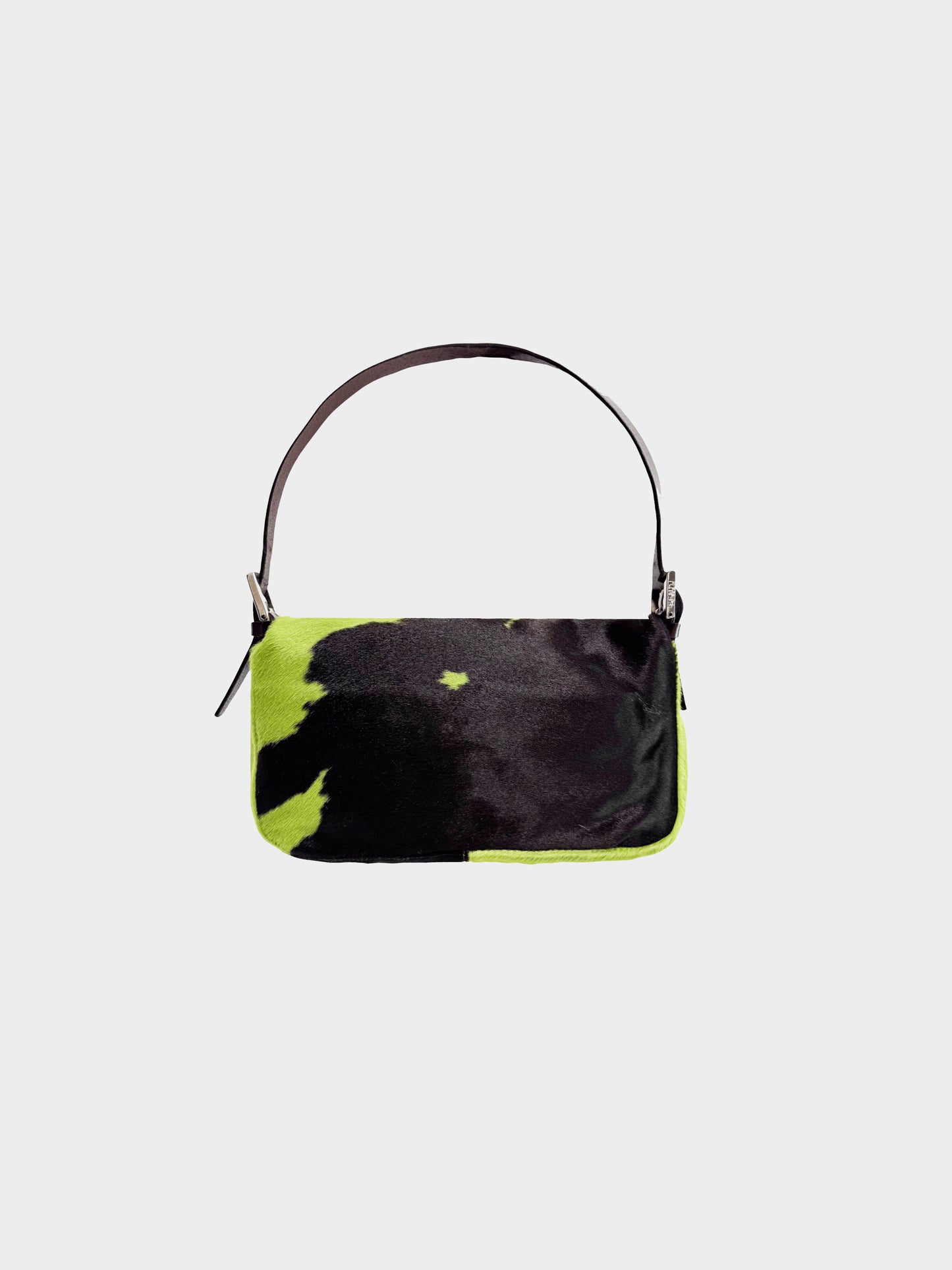 Fendi 2000s Green and Black Pony Hair Cow Print Baguette