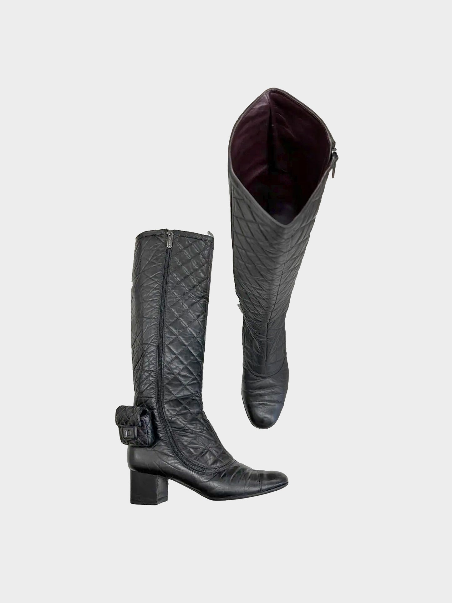 Chanel FW 2008 Black Quilted Calfskin Knee-high Boots with Ankle Pouch
