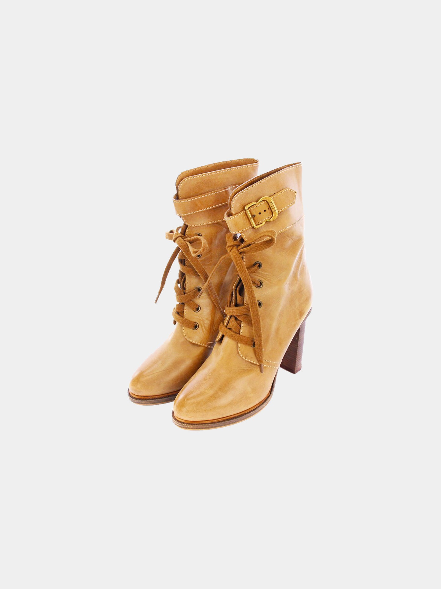 Chloé 2000s Beige Leather Lace-up Calf Boots