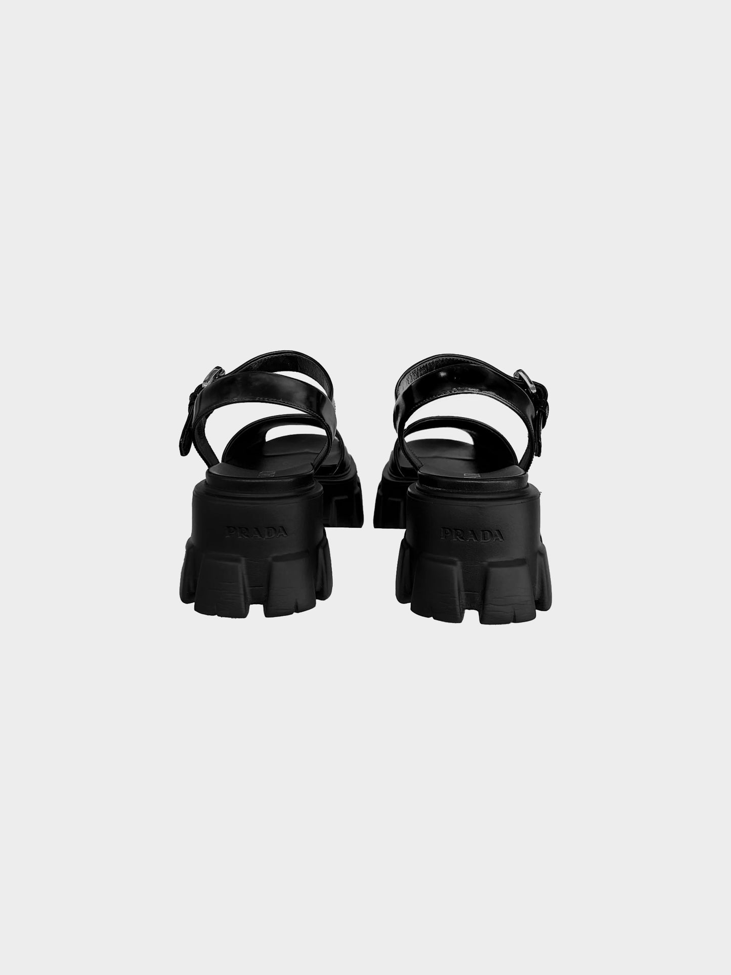 Prada 2020 Black Brushed Leather Monolith Buckle Platform Sandals