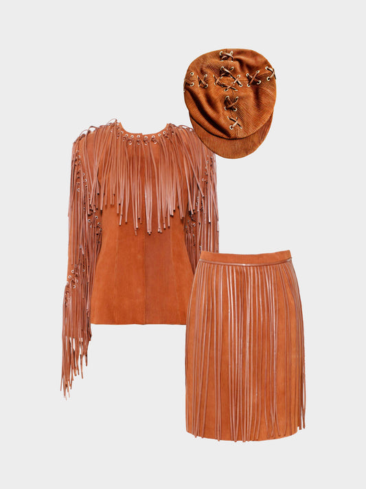 Paco Rabanne FW 1994-1995 Brown Suede and Leather Fringed Jacket and Skirt Set