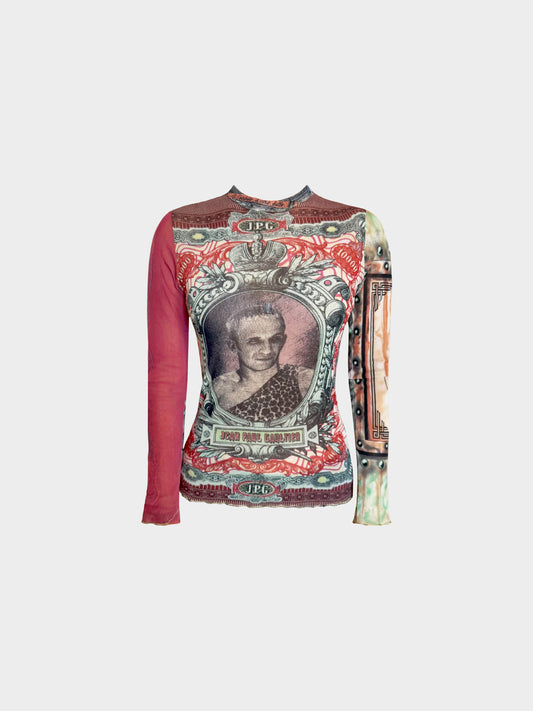 Jean Paul Gaultier 1990s Rare Multicolor "Money" Print Mesh Long Sleeve Top