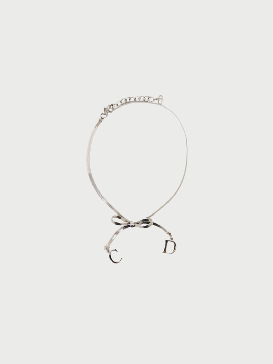 Christian Dior 2000s Silver Plated Metal CD Ribbon Necklace