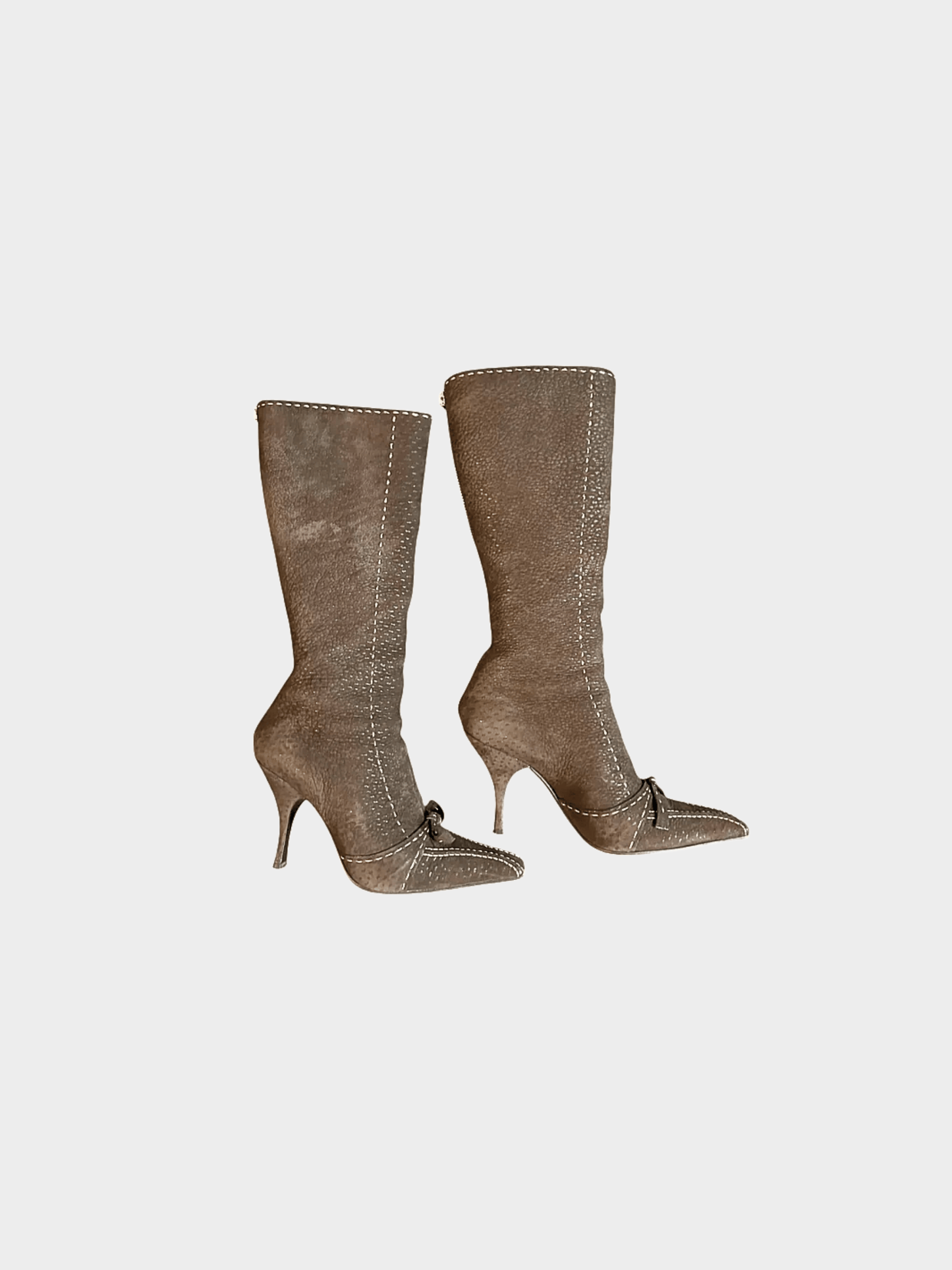 Prada 2000s Chocolate Brown Ostrich Leather Contrast Stitch Knee High Boots