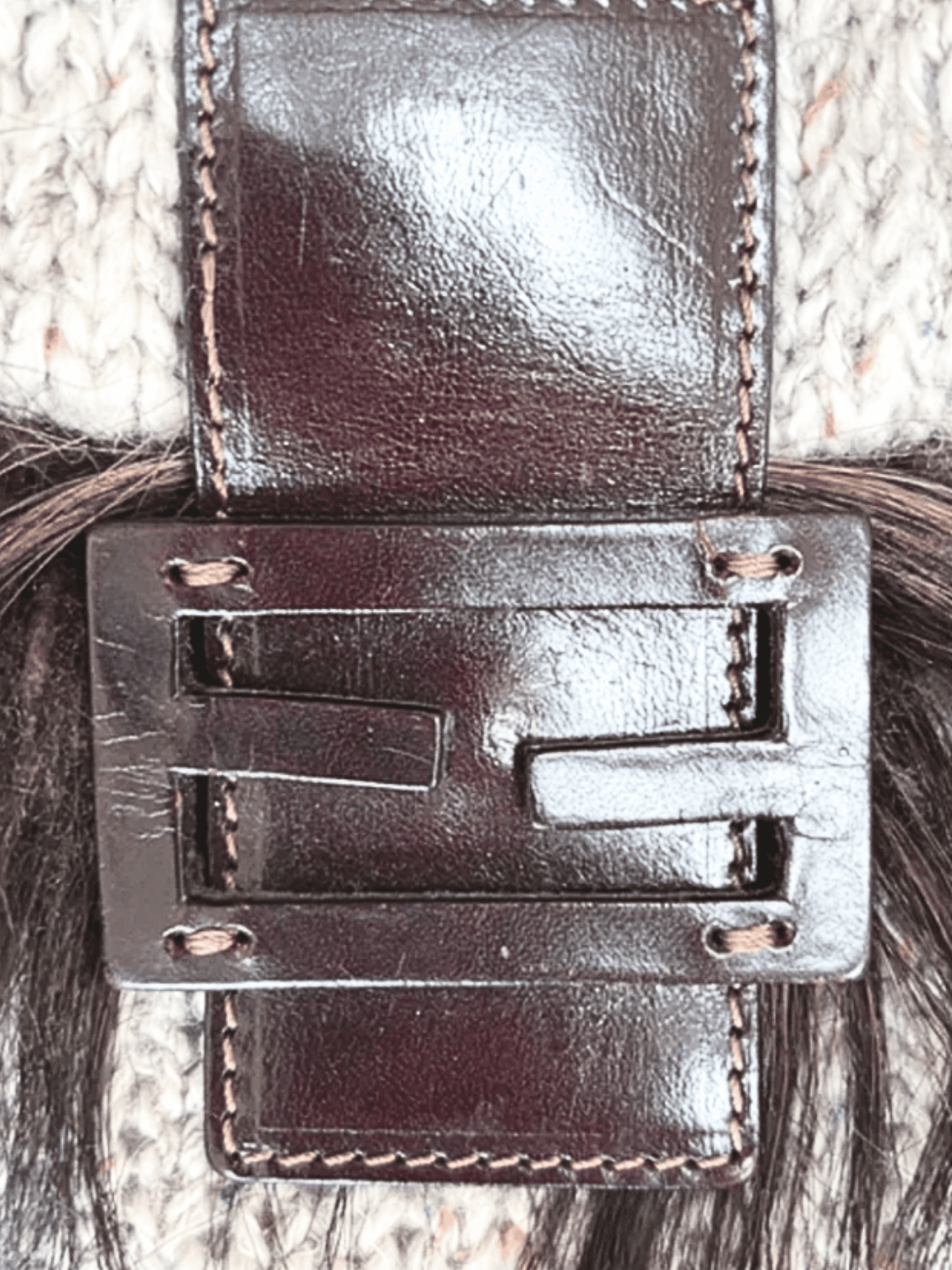 Fendi 2009 Brown Goat Fur Trim Wool Baguette Bag