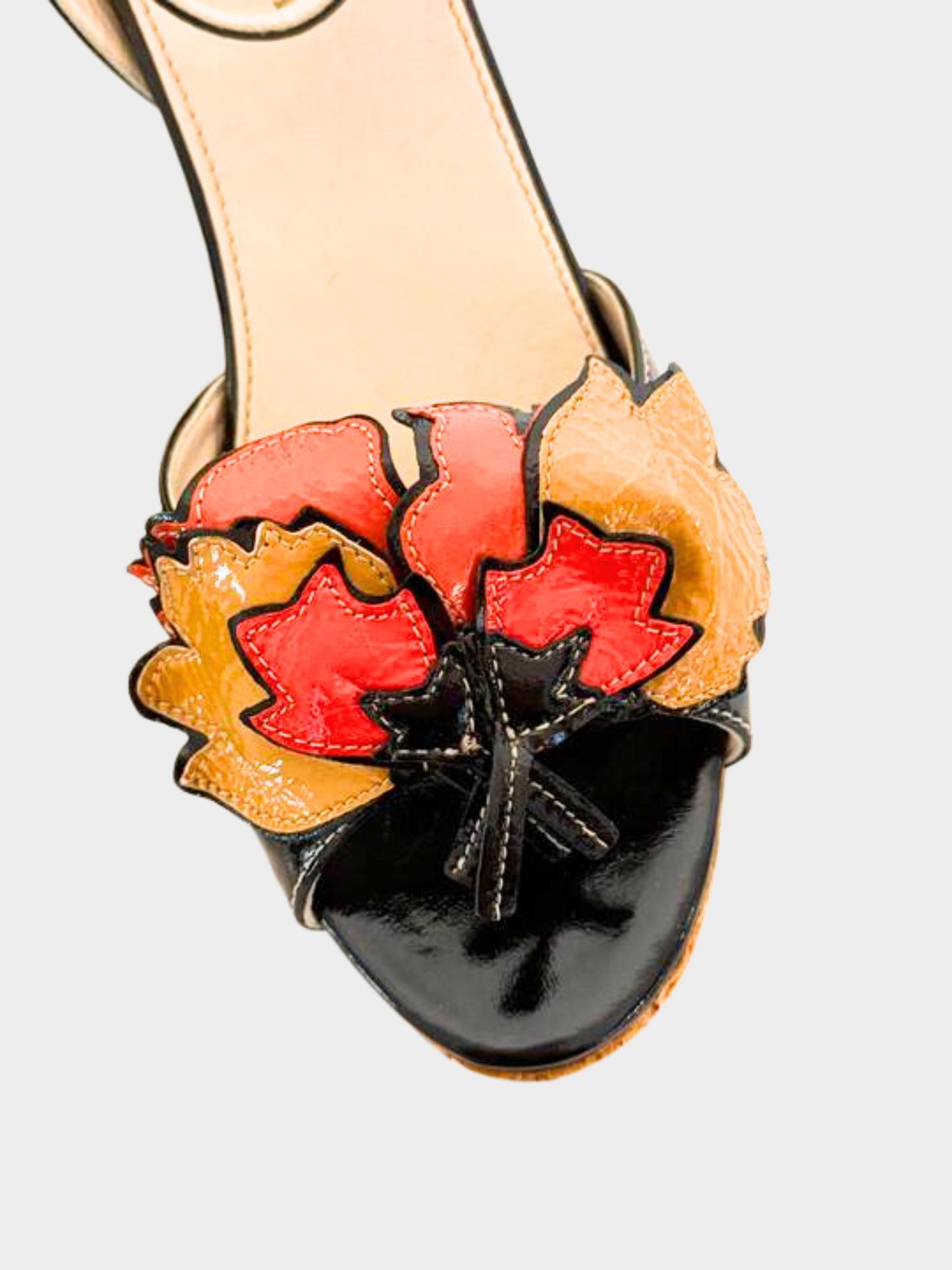 Prada 2000s Black Multicolour Paten Leather Flower Cork Wedge Heels