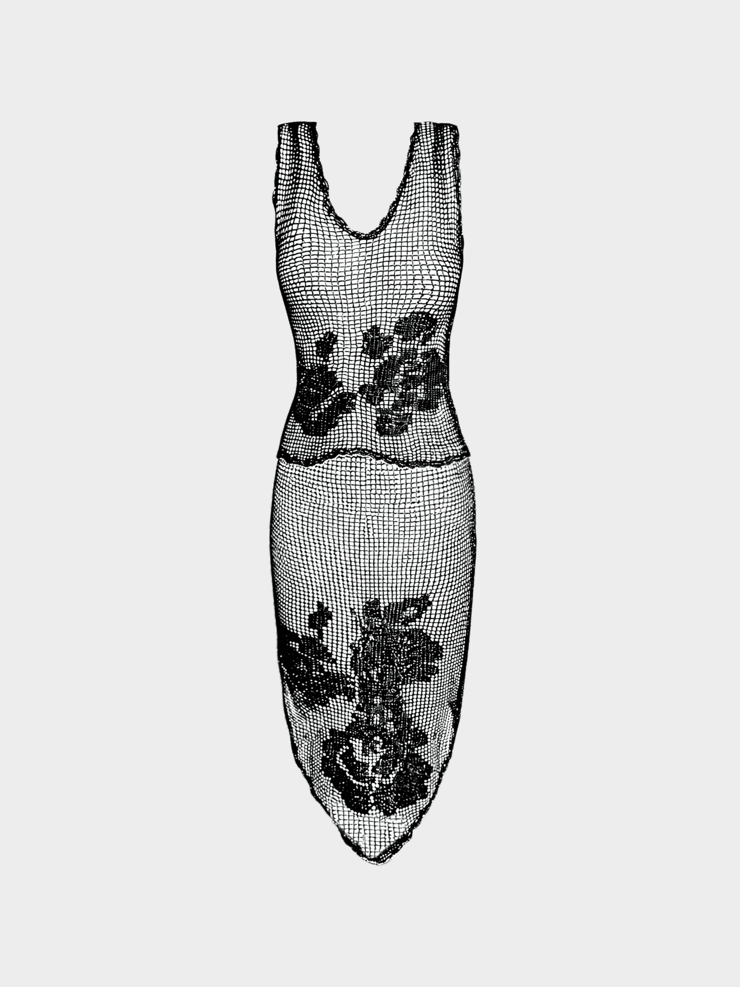 Dolce and Gabbana FW 1997 Black Filet Crochet Top and Skirt Set